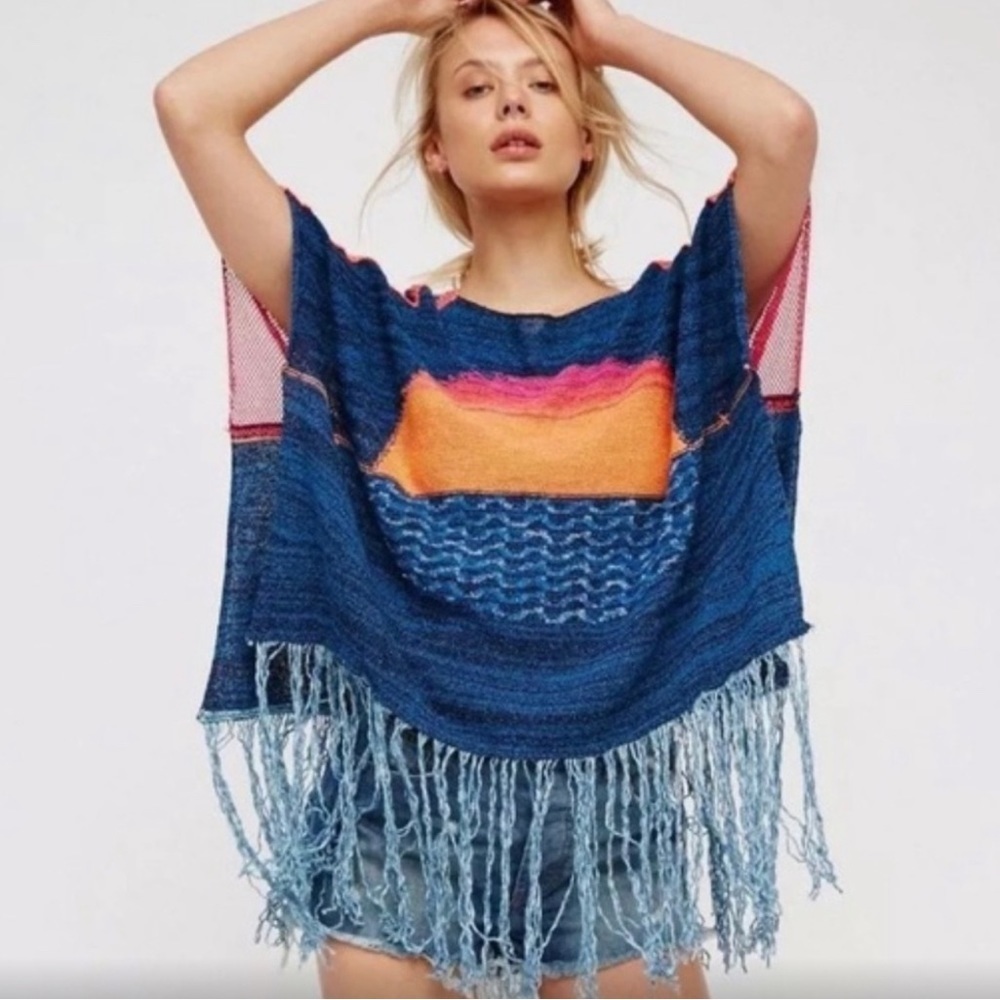 Free People Sunset Fringe Boho Oversized Pullover Sweater XS | Sm